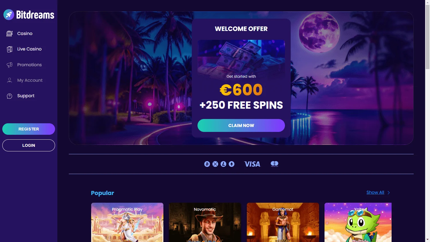 Bitdreams Casino desktop home with the Australian welcome offer