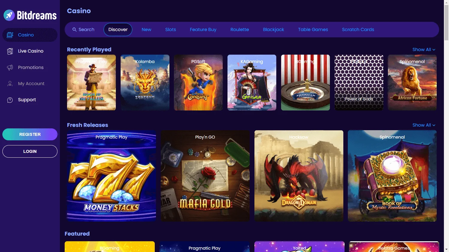 Bitdreams Casino desktop games catalogue