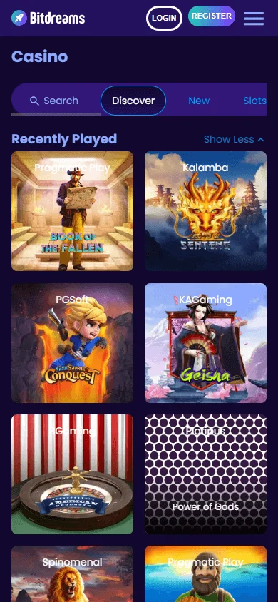 Bitdreams Casino mobile games catalogue on a smartphone